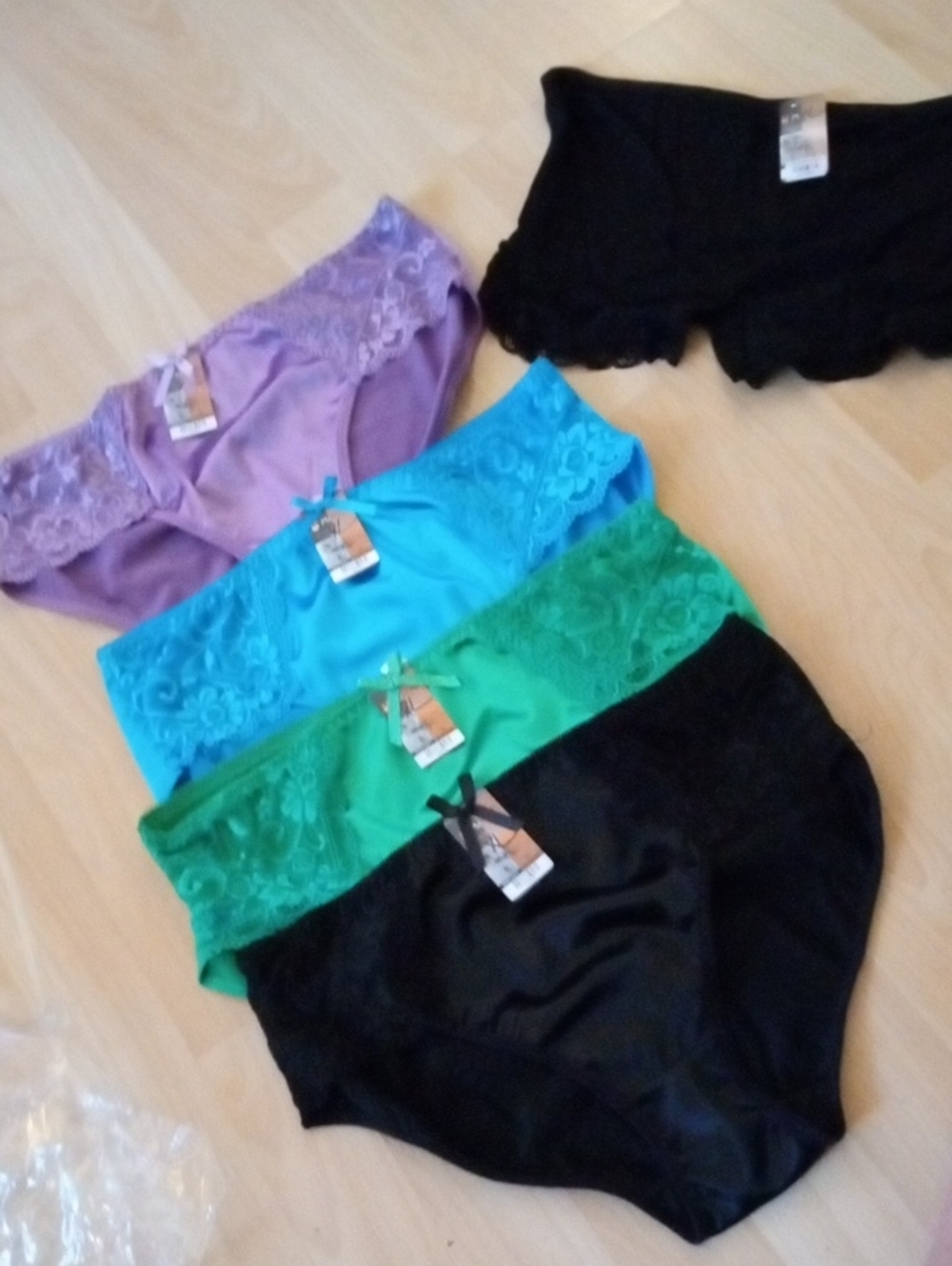 Lace-Trim High-Waist Panties - Black, Turquoise, Green, Lavender